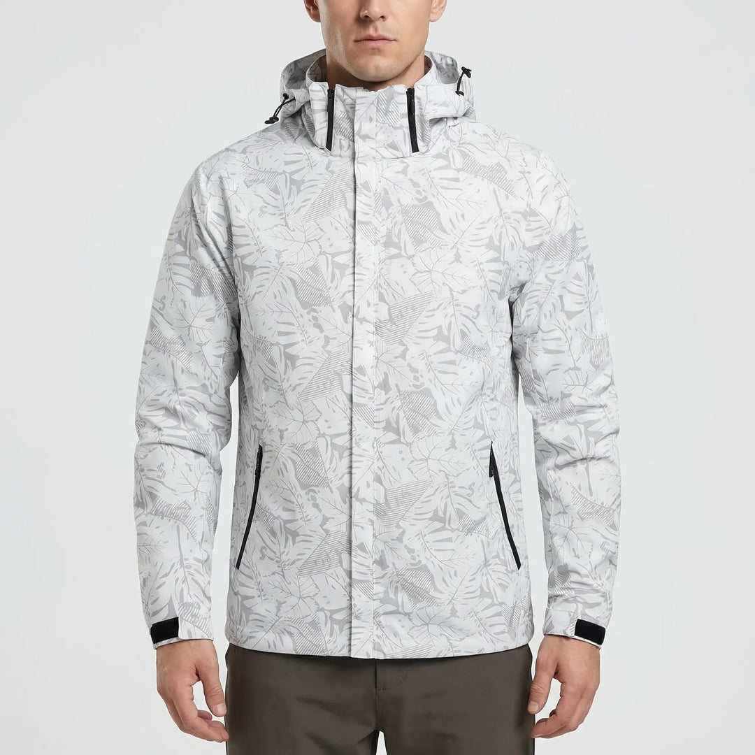 Durable men's hooded windbreaker shell jacket, full-zip design for easy layering, perfect for active outdoor use.