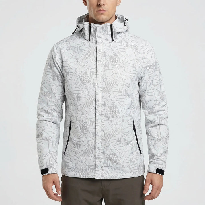 Durable men's hooded windbreaker shell jacket, full-zip design for easy layering, perfect for active outdoor use.