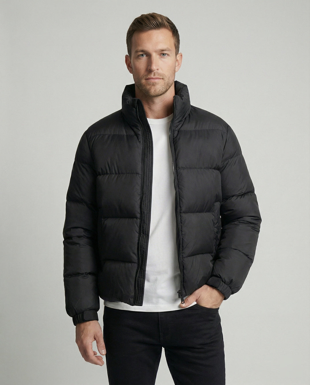 Men's hooded puffer jacket, ultimate winter warmth & comfort. Perfect insulated outerwear for cold weather.