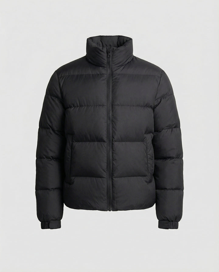 Shiny men's puffer jacket, ideal warm winter coat & outerwear for cold weather. Stylish and protective.