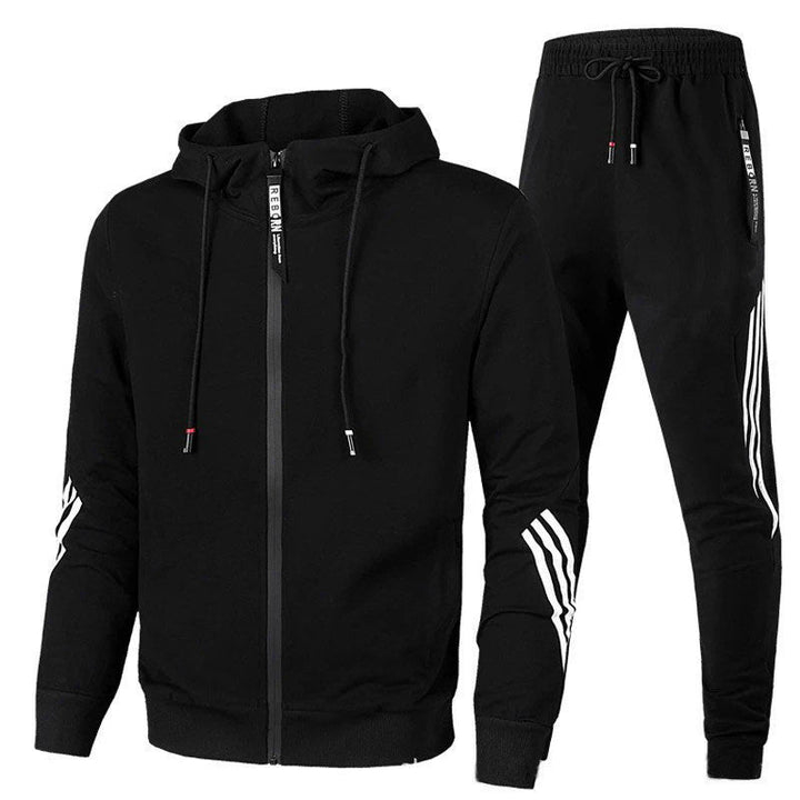 Stylish men's hooded jogger set. Modern two-piece tracksuit perfect for athletic wear and casual outfits.