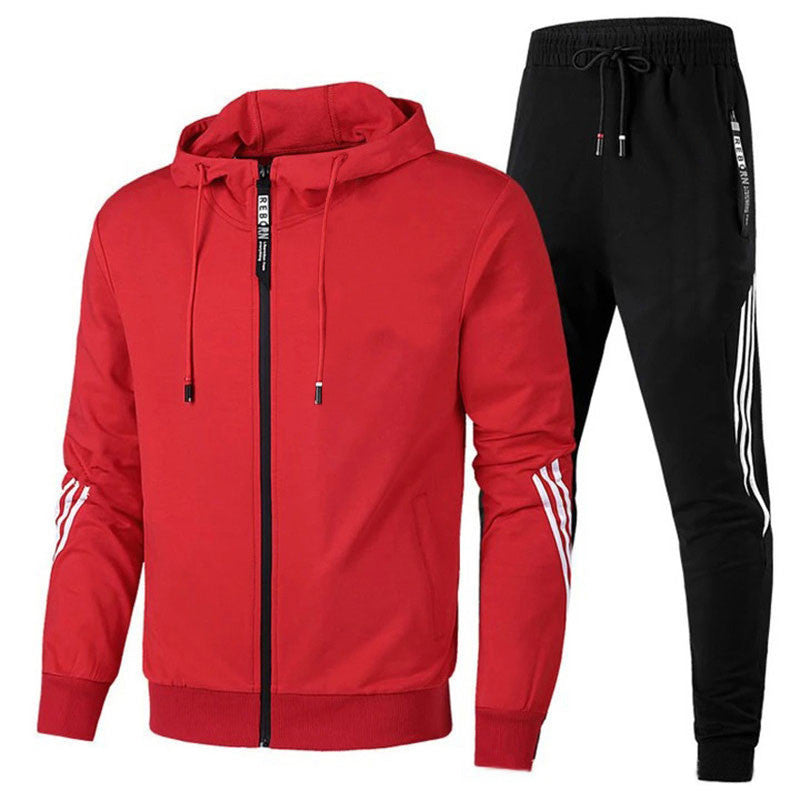 Men's hooded sweatshirt and matching jogger pants. Two-piece athletic tracksuit for casual, sport, and lounge.