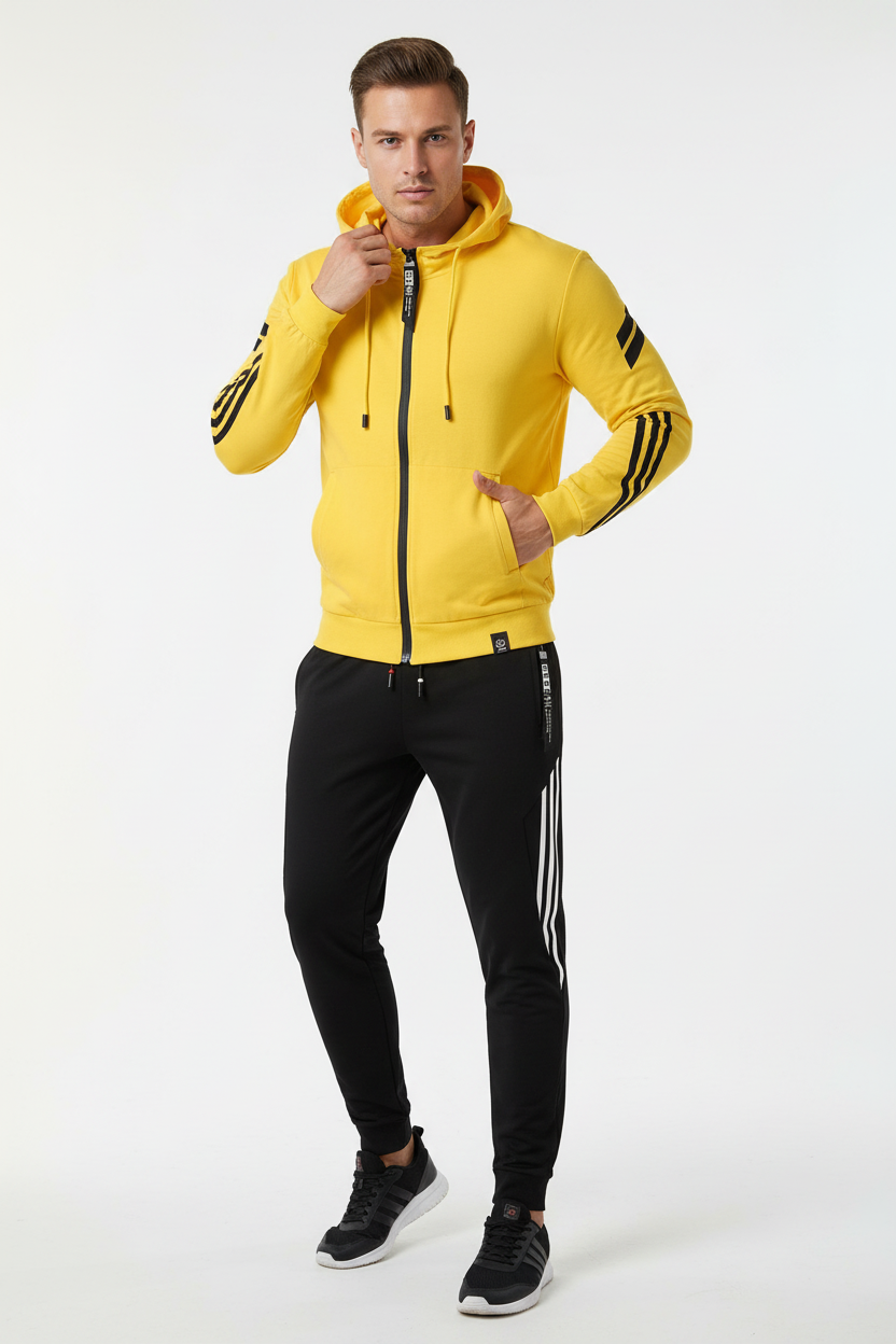 Versatile men's hooded tracksuit jogger set. Ideal two-piece outfit for athletic wear, casual style, or lounging.