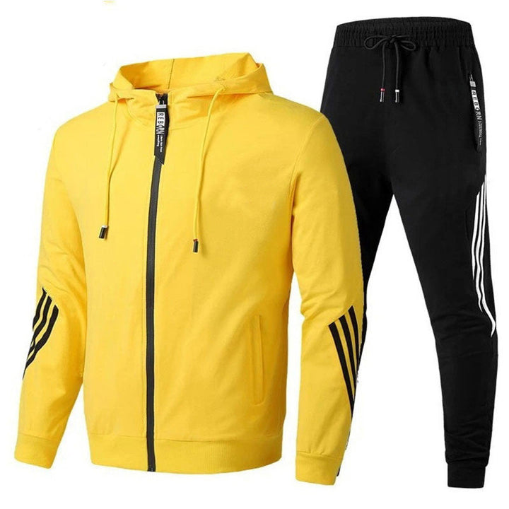 Close-up of a men's hooded tracksuit showing hood and jogger details. Stylish two-piece athletic & lounge wear.