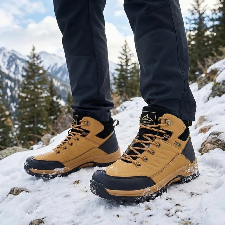 Men's insulated high-top winter hiking boots, ideal for extreme cold weather outdoor adventures.