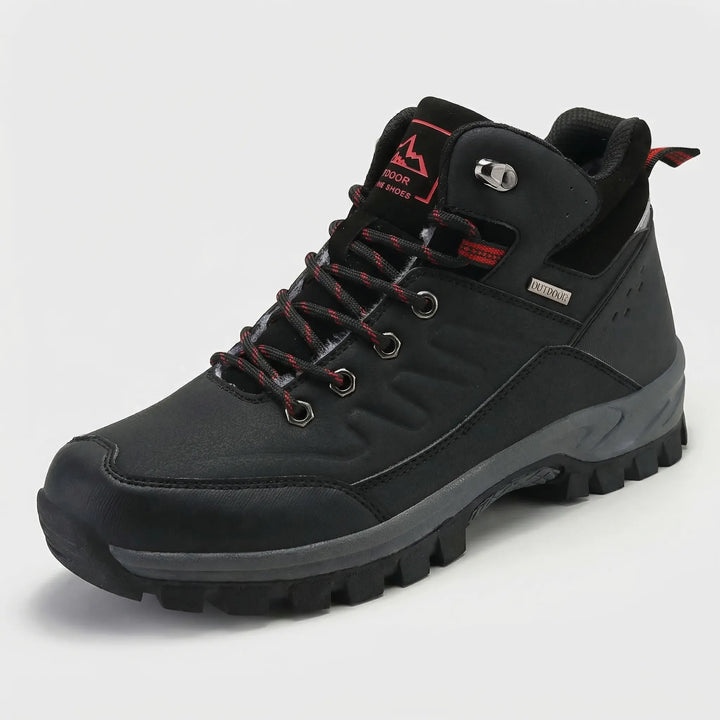 Insulated men's high-top hiking boots, designed for superior warmth and durability in winter.