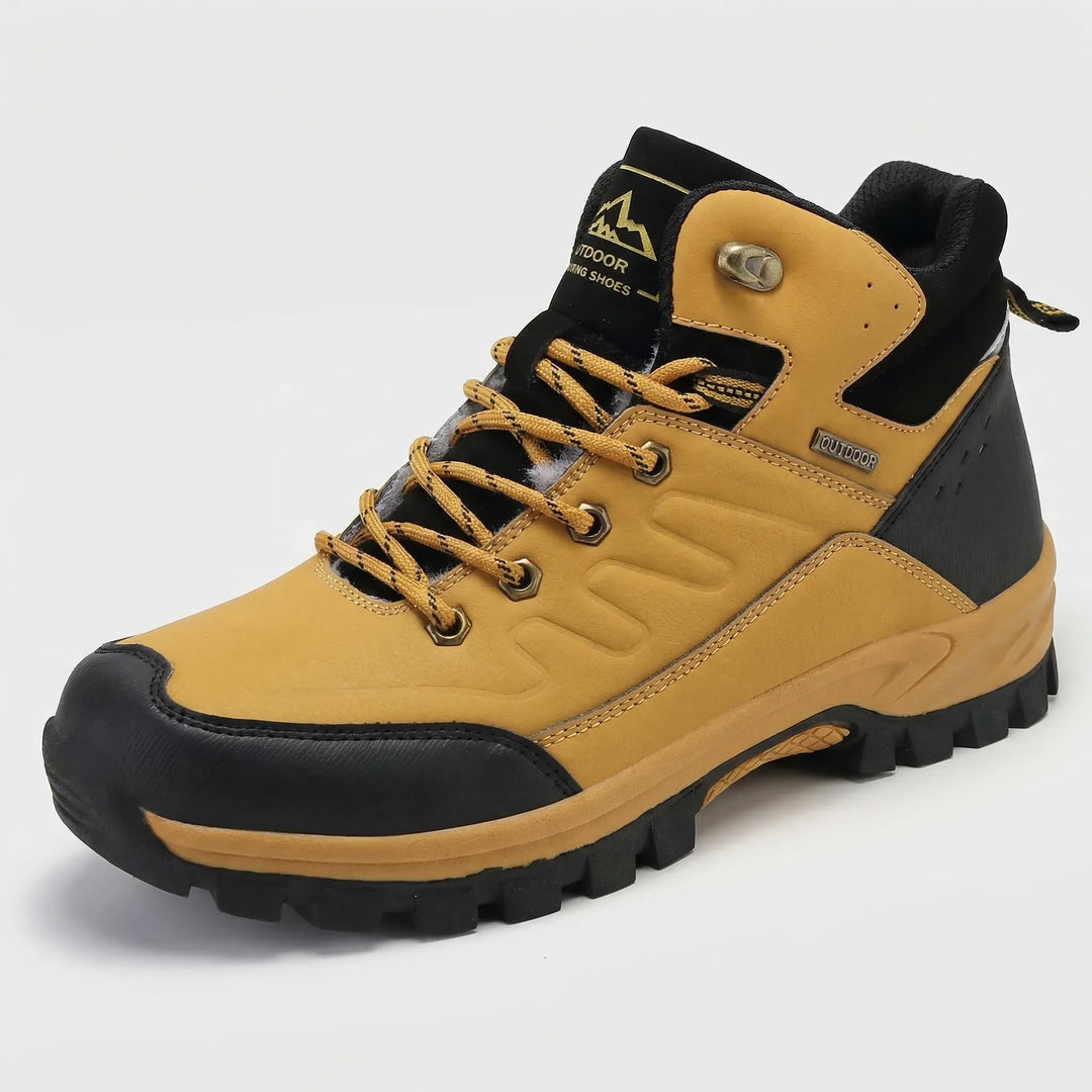 Warm men's high-top winter hiking boots, insulated and rugged for cold weather trails & work.