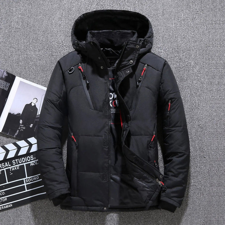 Men's insulated hooded parka, a warm and durable winter outerwear jacket for all-weather protection.
