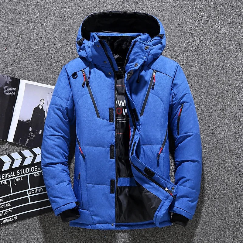 Front view of men's insulated hooded parka in black, perfect for cold weather and stylish men's fashion.