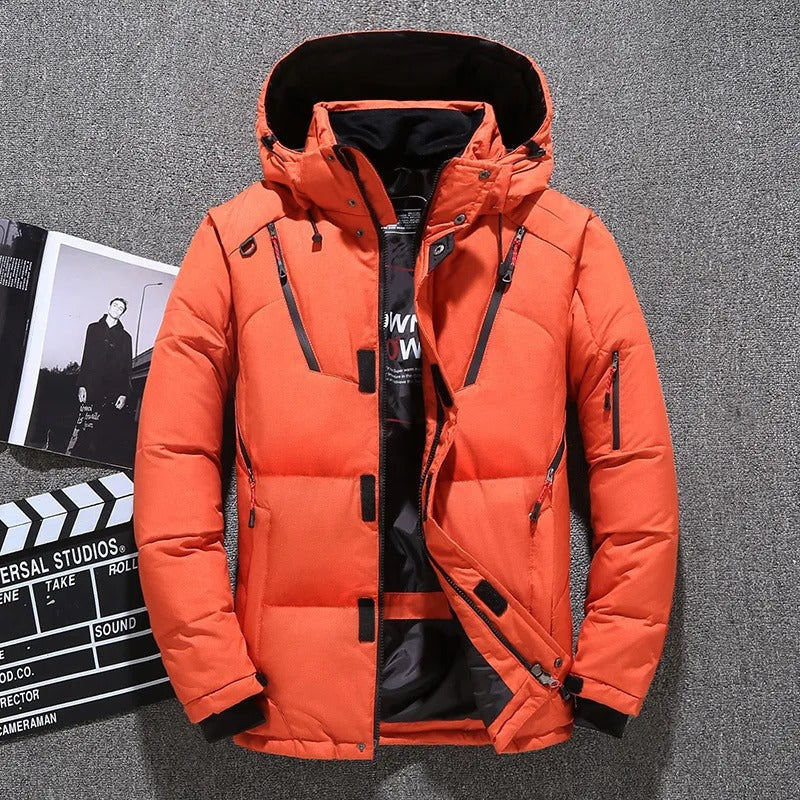 Back view of men's warm, all-weather parka, showcasing its durable fabric and practical winter outerwear design.