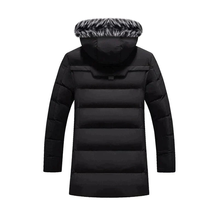 Men's insulated hooded winter parka, perfect for cold weather. Stay warm and stylish in this durable outerwear.