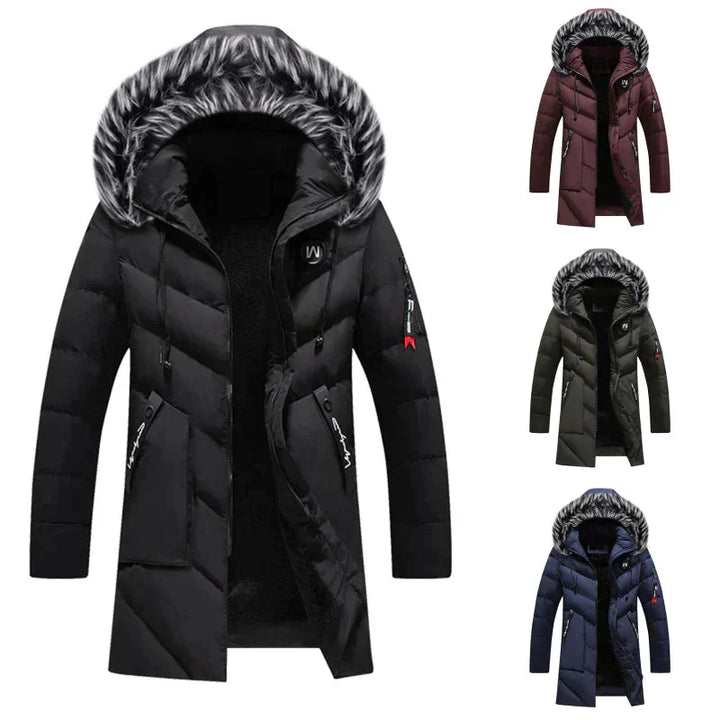 Fashionable men's insulated hooded parka, designed for ultimate winter protection & a sleek, modern look.