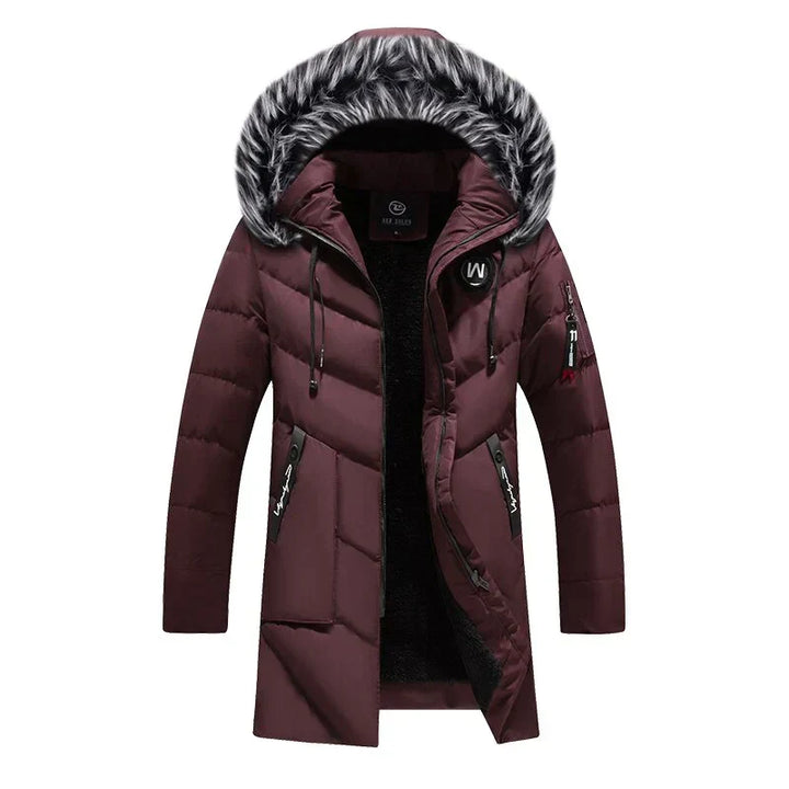 Durable men's winter parka, heavily insulated with a protective hood, ensuring maximum warmth in harsh conditions.