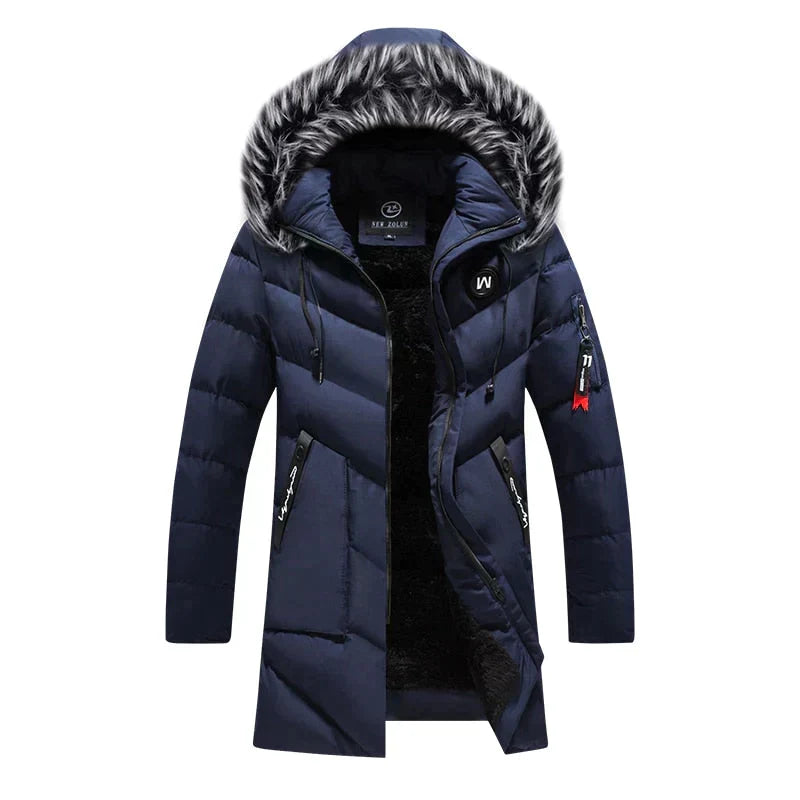 Casual men's insulated winter jacket with hood, combining style and warmth for everyday cold weather wear.