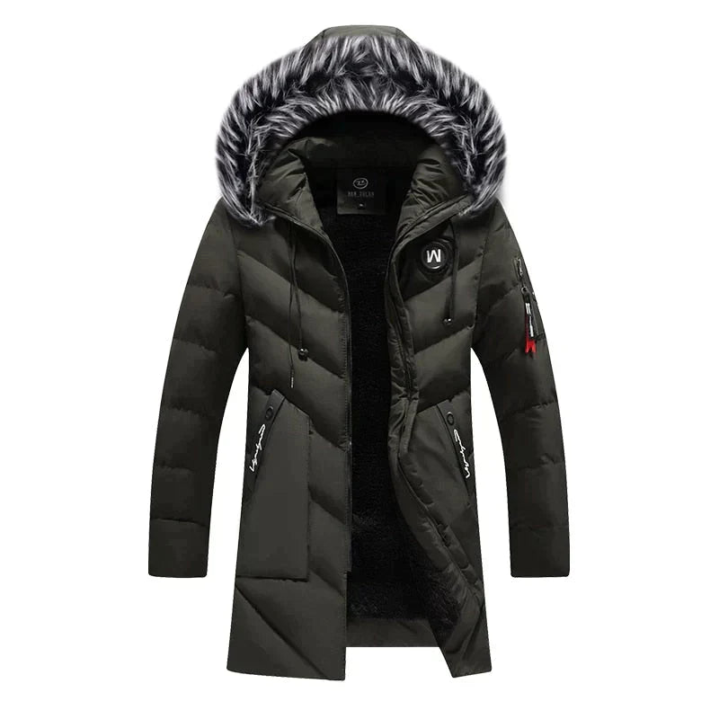 Modern men's insulated winter coat with a practical hood, providing essential warmth and protection for winter fashion.