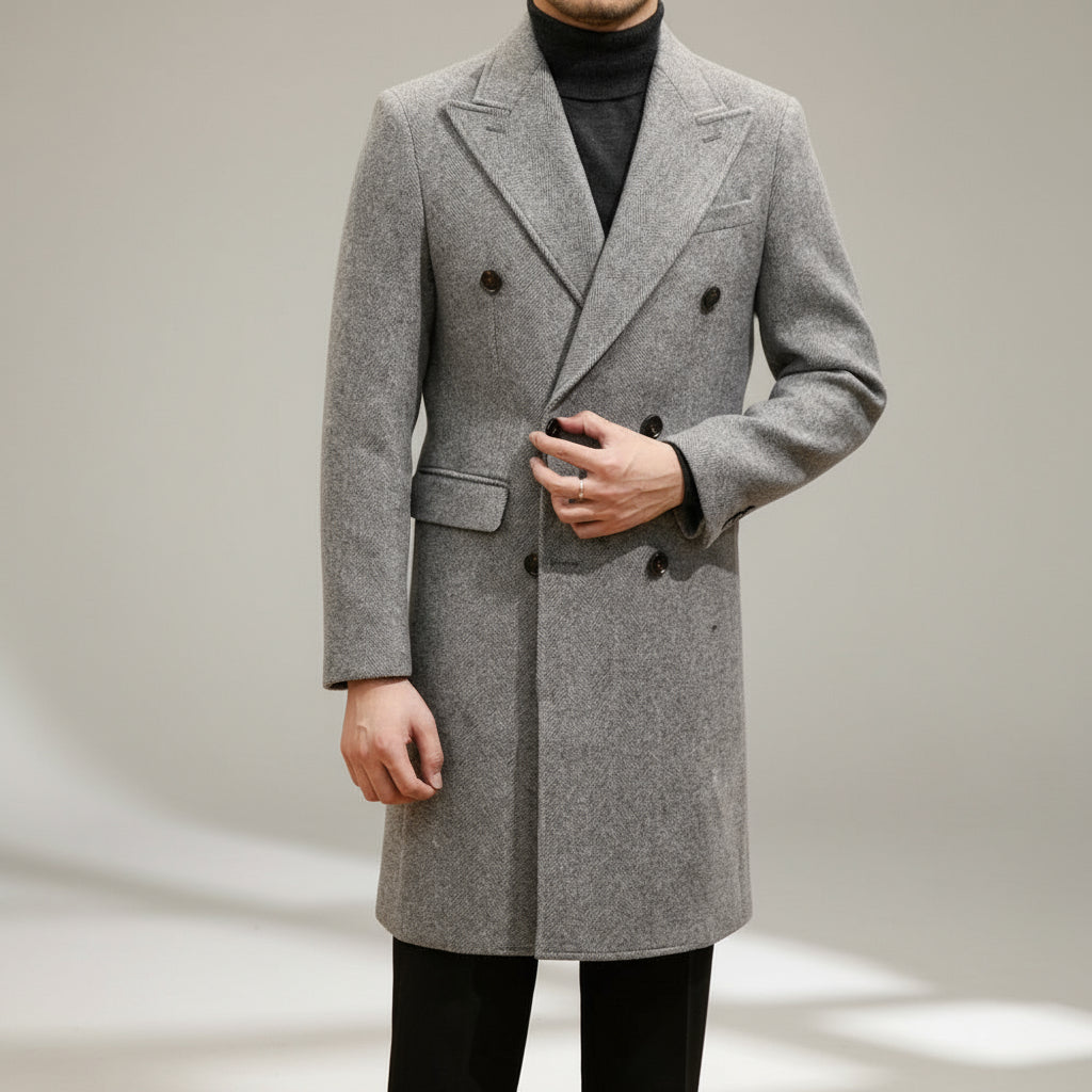 Men's Italian-style grey double-breasted winter overcoat, tailored for a sophisticated, elegant look in cold weather.