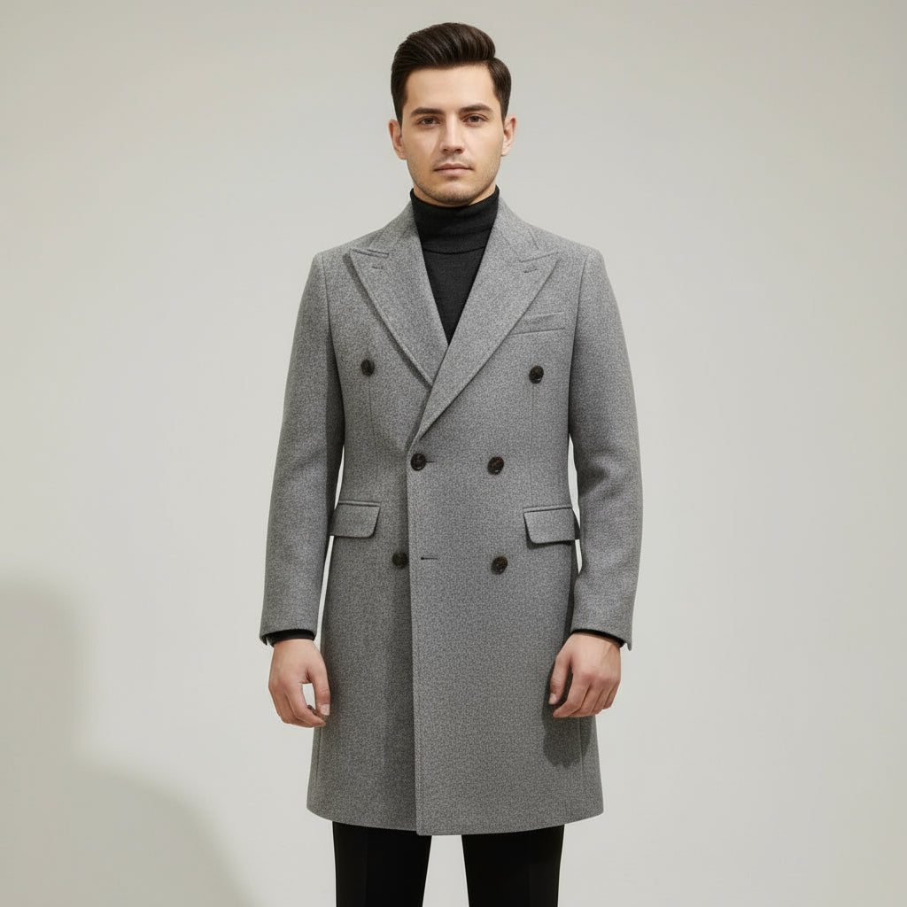 Classic men's grey double-breasted overcoat, Italian-style tailored, perfect for formal fashion & winter outerwear.