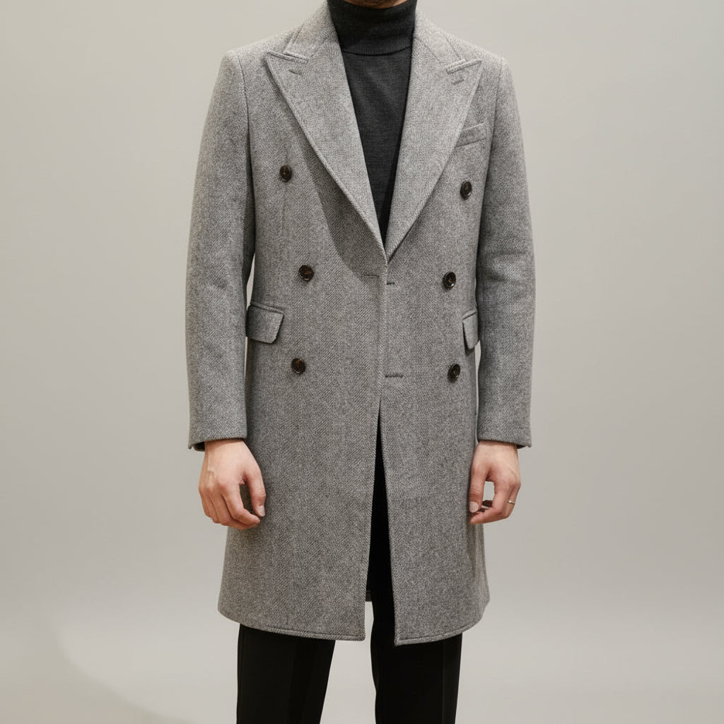 Elegant men's grey winter overcoat, double-breasted, featuring an Italian tailored style for autumn & cold weather.