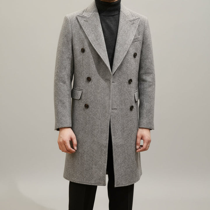 Elegant men's grey winter overcoat, double-breasted, featuring an Italian tailored style for autumn & cold weather.