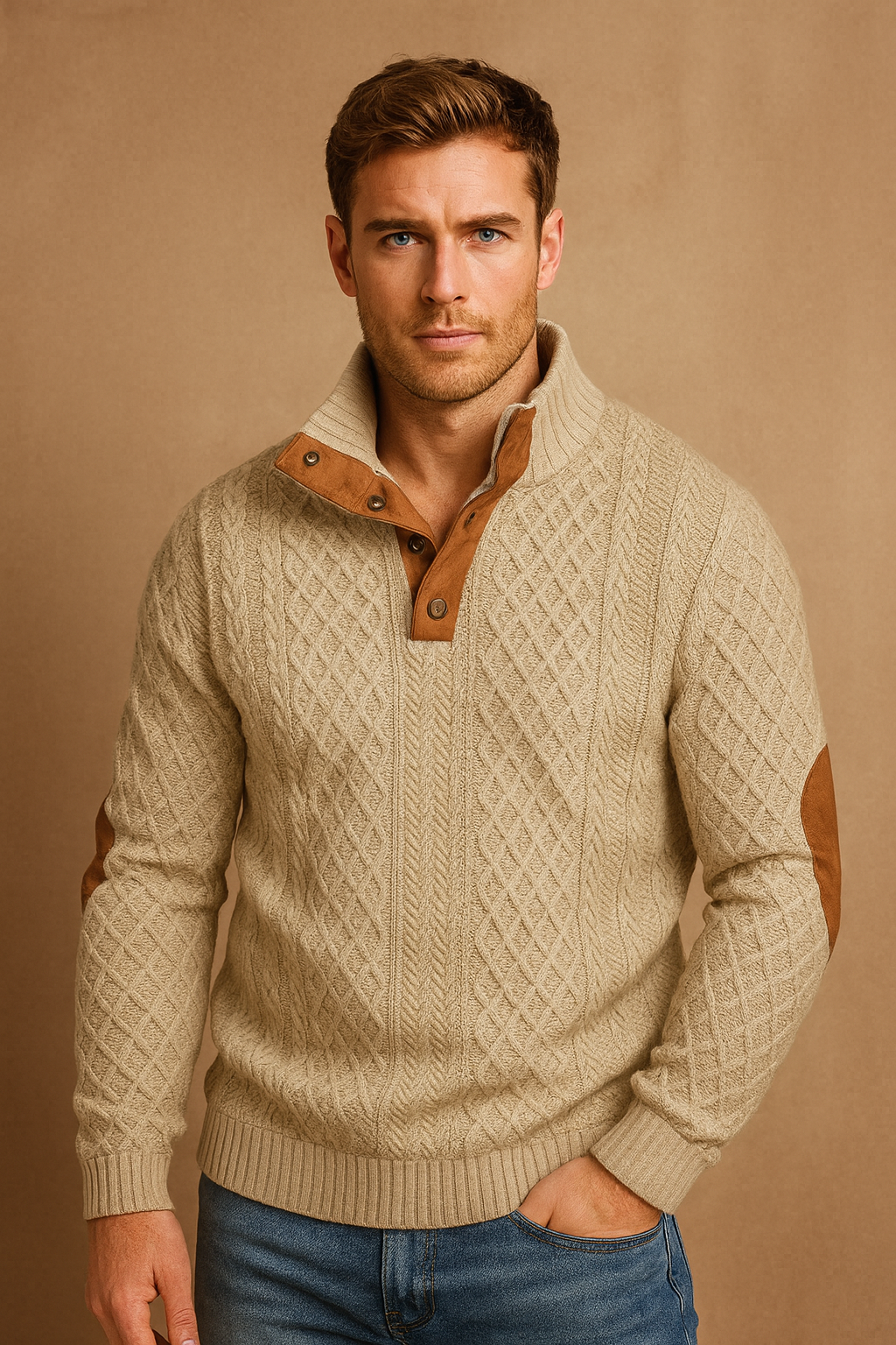 Men's jacquard knitted sweater for smart casual style, featuring a button collar and classic design.