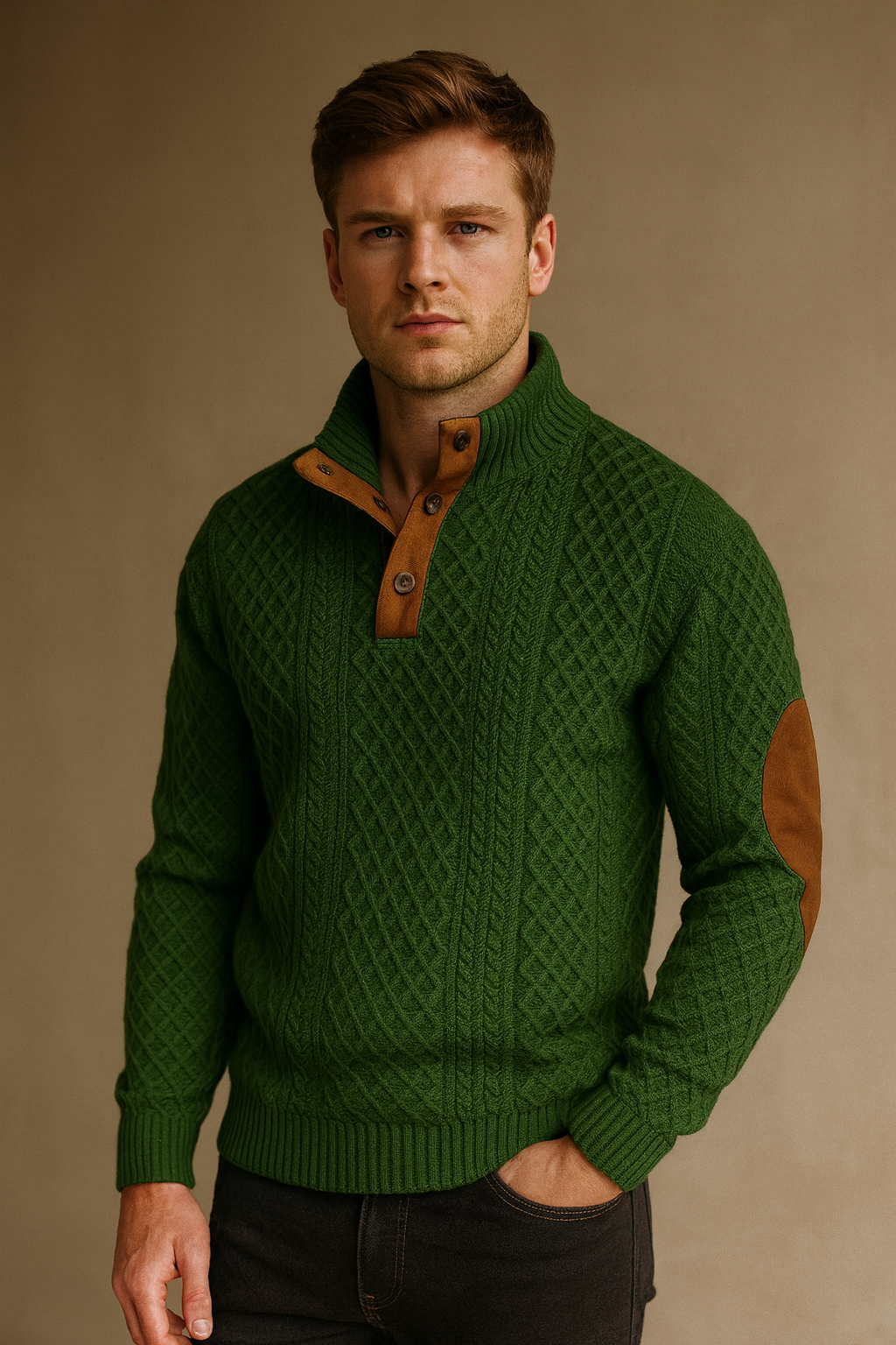 Cozy men's jacquard knit sweater with stylish elbow patches and a versatile smart casual look.