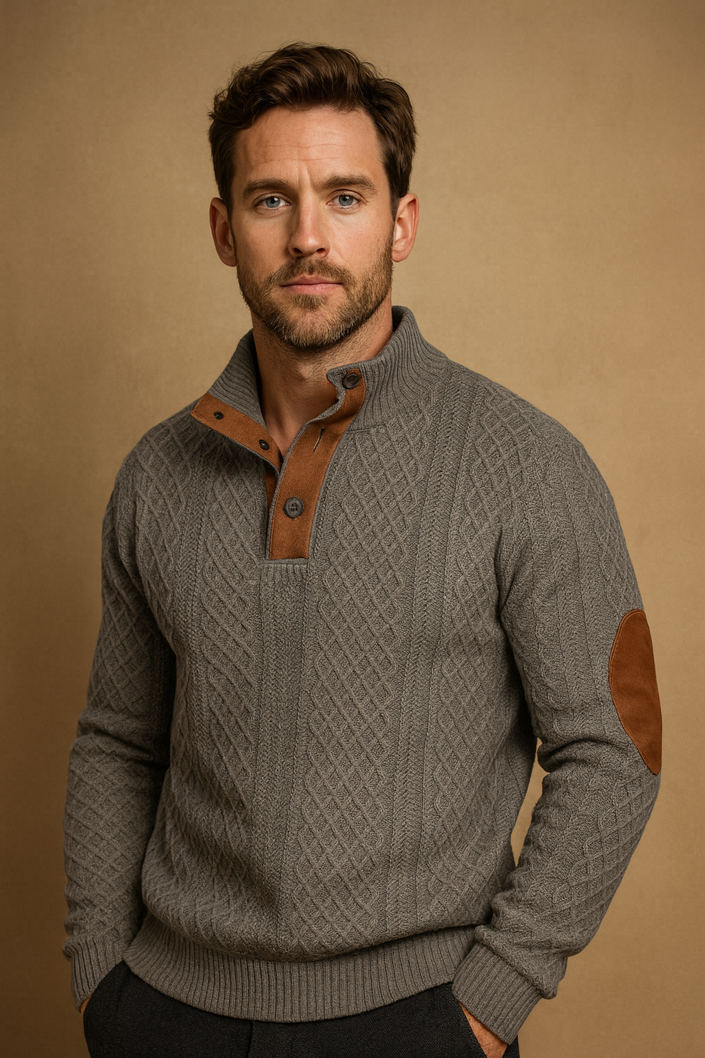 Textured men's jacquard knitted sweater, perfect for a smart casual layered look, comfortable and stylish.