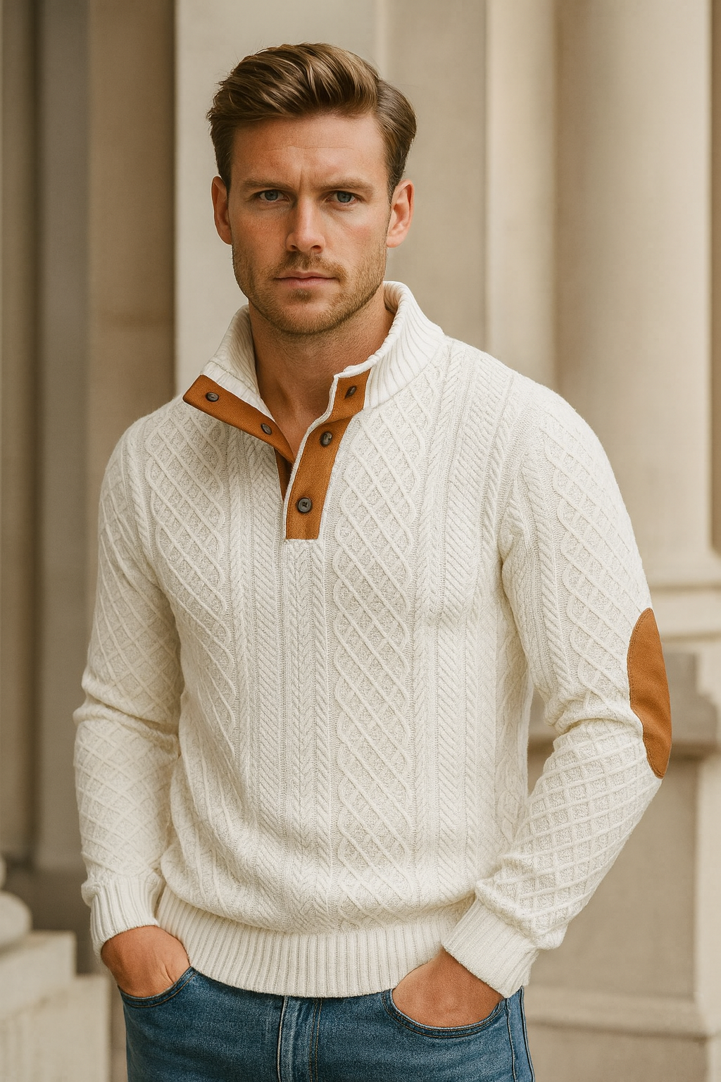 Classic men's jacquard knit sweater with button collar, ideal for smart casual wear. Warm and fashionable.