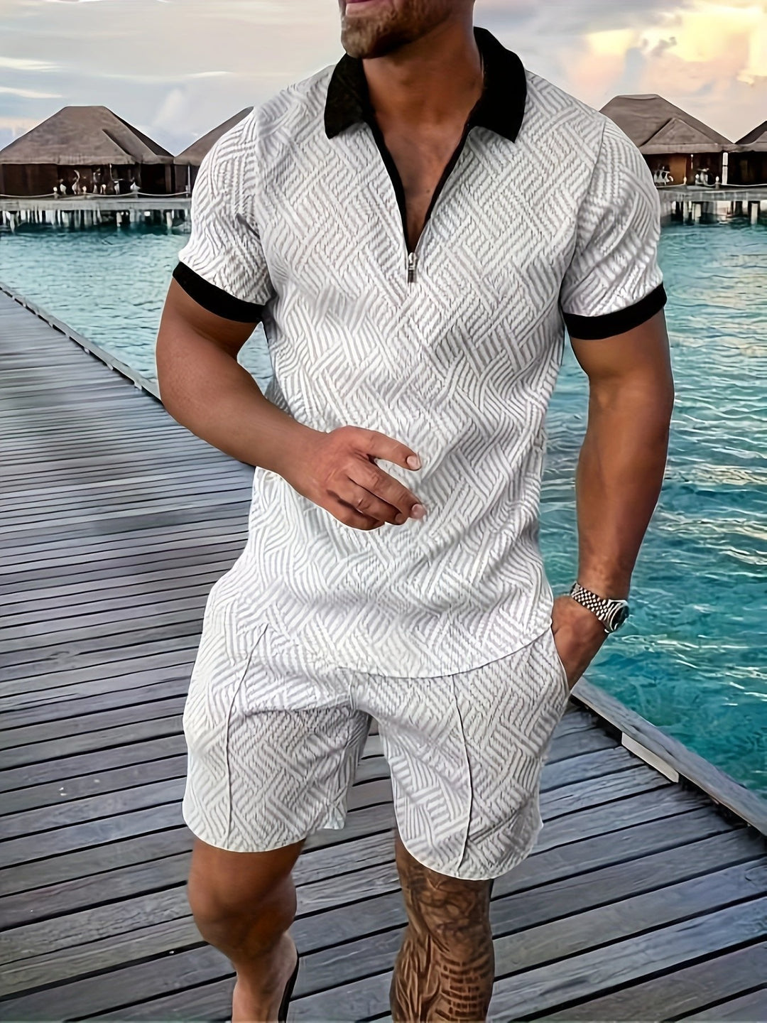 Coordinated men's jacquard shirt & shorts set, ideal for a stylish summer matching outfit & beachwear.