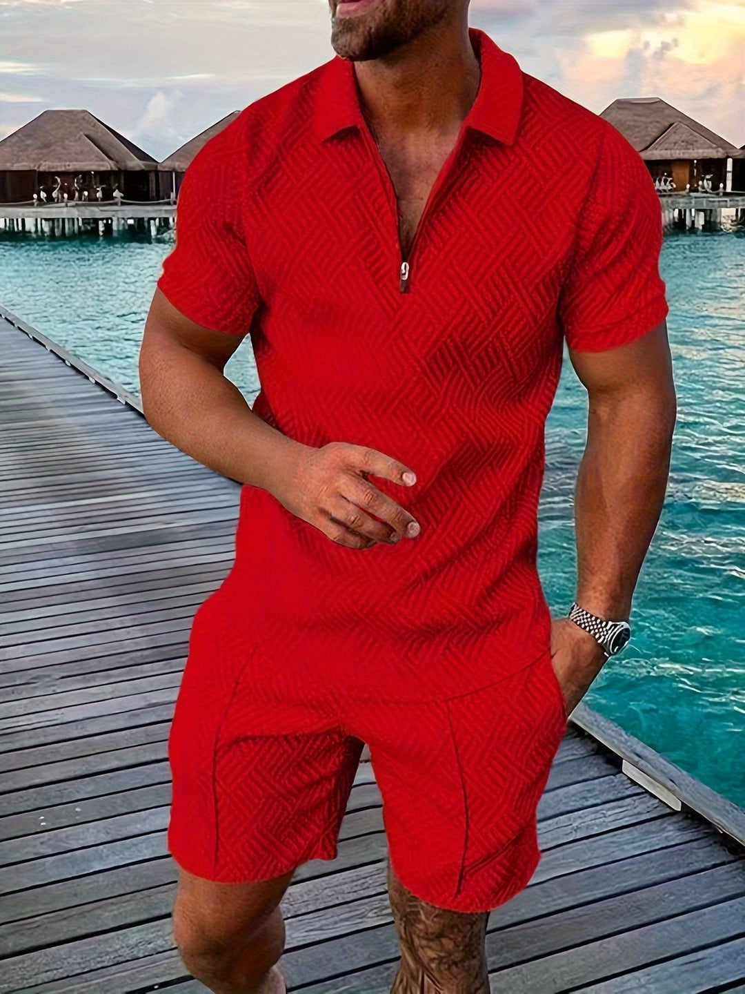 Men's elegant jacquard short-sleeve shirt and comfortable shorts set, perfect for summer casual outings.