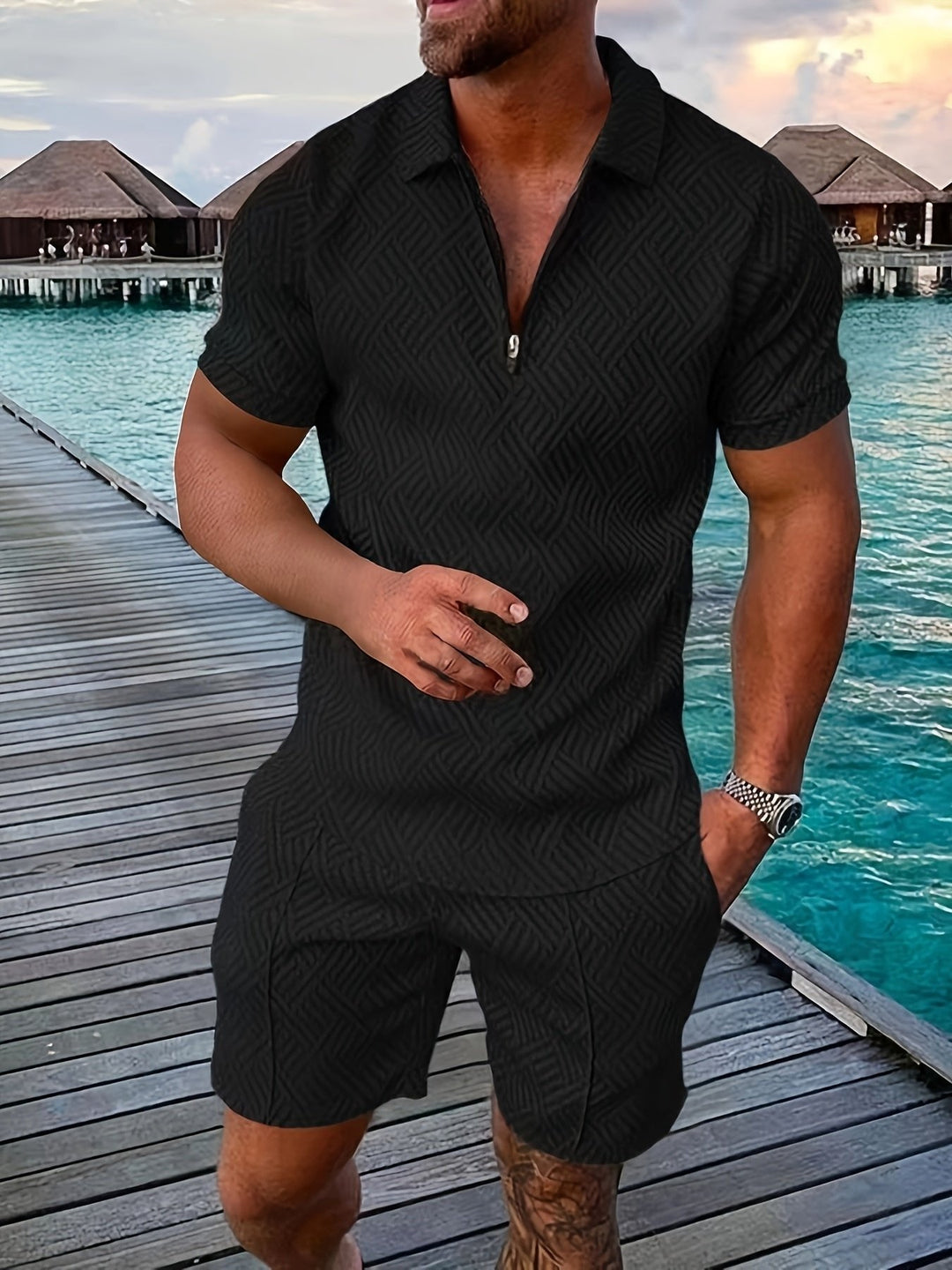 Fashionable men's jacquard shirt & shorts two-piece set, offering modern summer style & comfort.