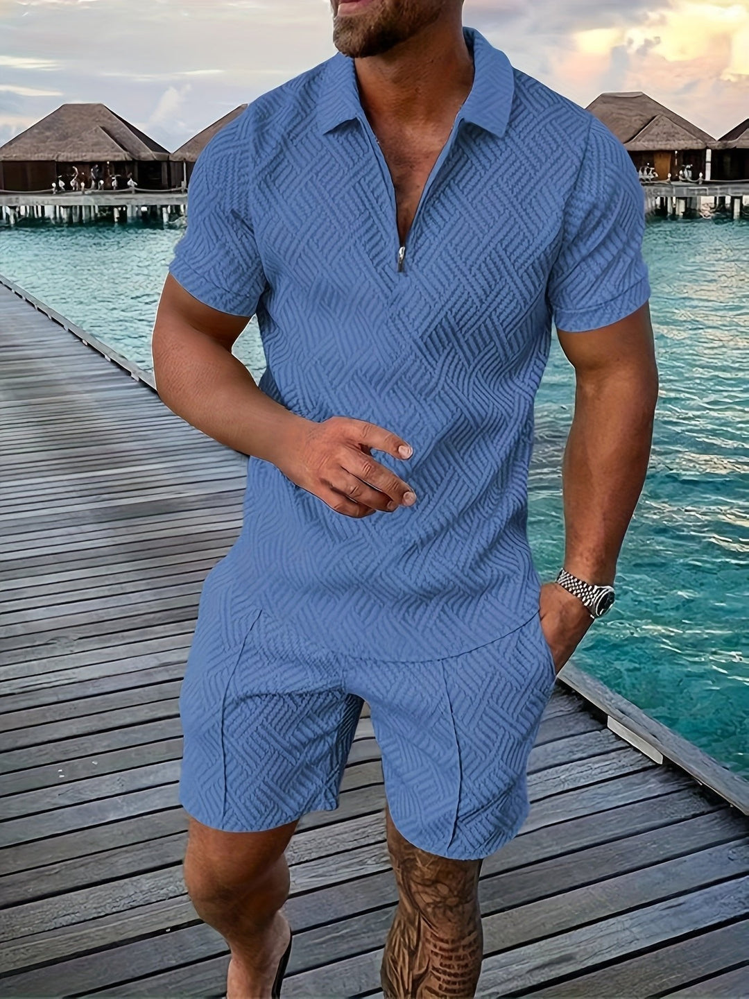 Men's jacquard short-sleeve shirt with matching elastic waist shorts, a complete summer outfit set.