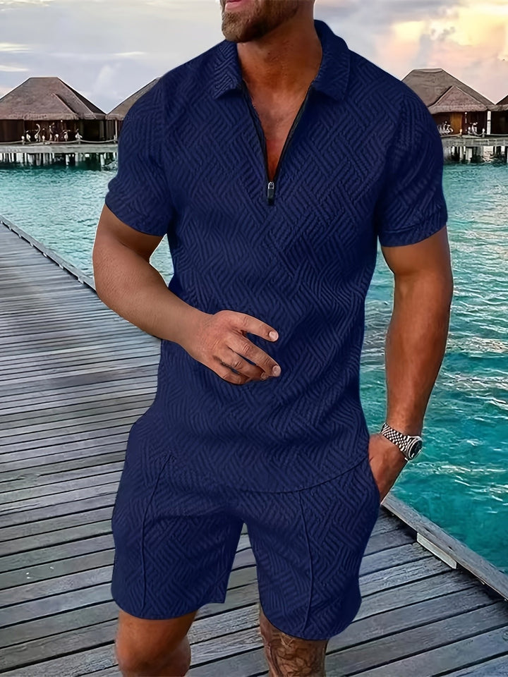 Versatile men's jacquard outfit set: short-sleeve shirt & shorts for stylish, comfortable summer looks.