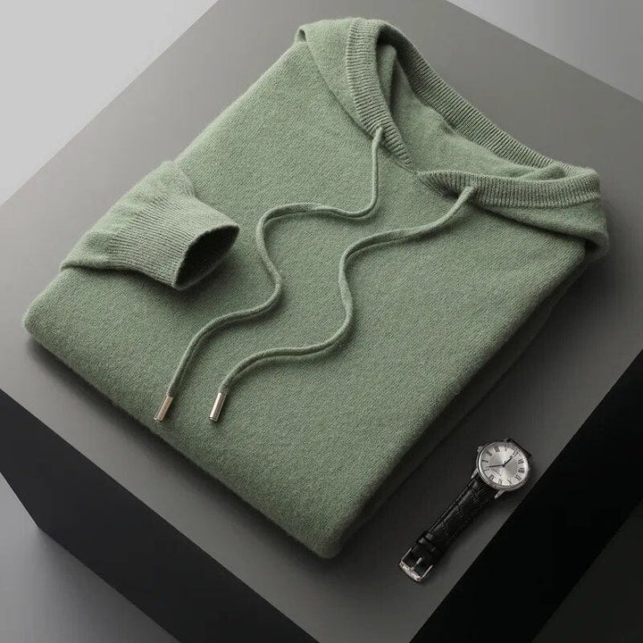 Stylish men's knit pullover hoodie with adjustable drawstring, ideal for autumn & winter layering comfort.