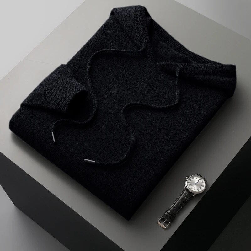 Soft knit men's sweater with a practical drawstring hood, versatile for comfortable everyday and casual outfits.