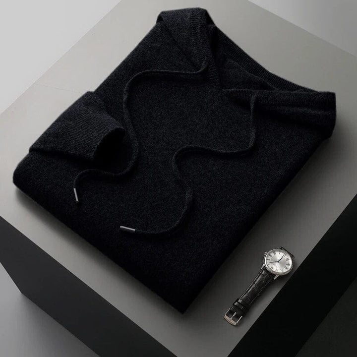 Soft knit men's sweater with a practical drawstring hood, versatile for comfortable everyday and casual outfits.