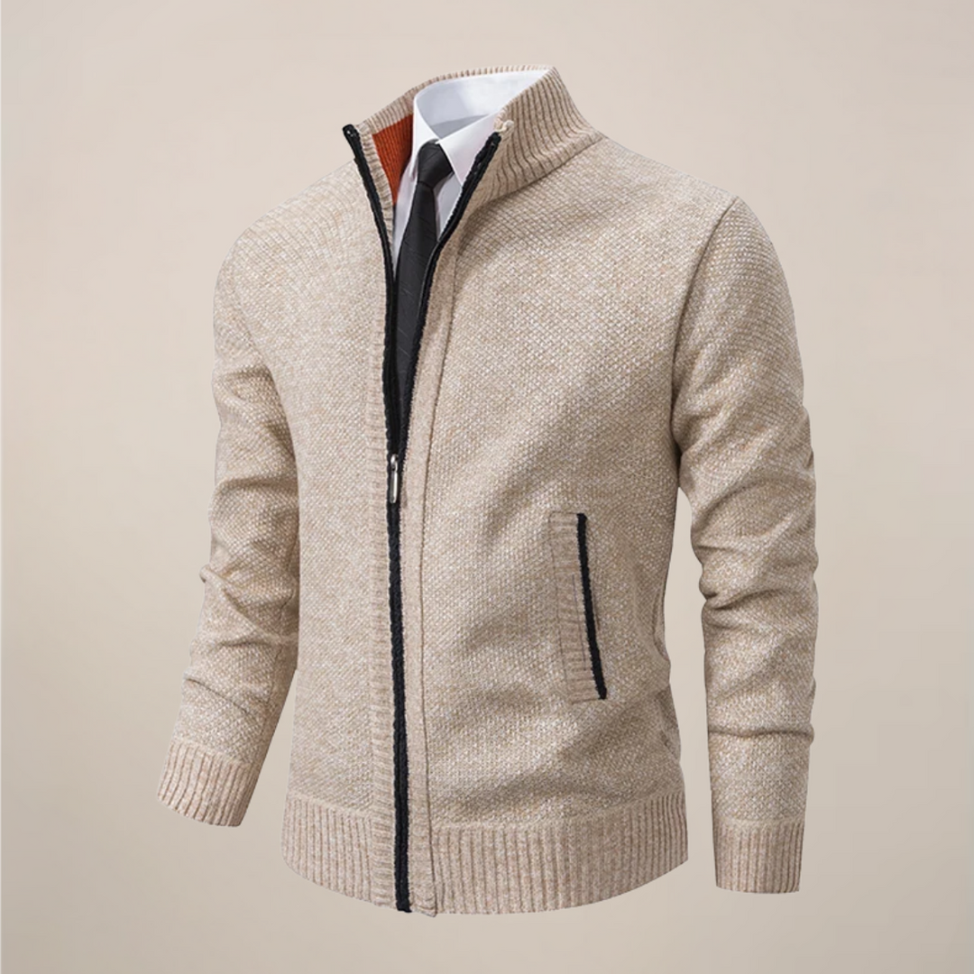 Men's knit zip-up cardigan in charcoal, perfect for smart casual layering & elevated fall fashion.