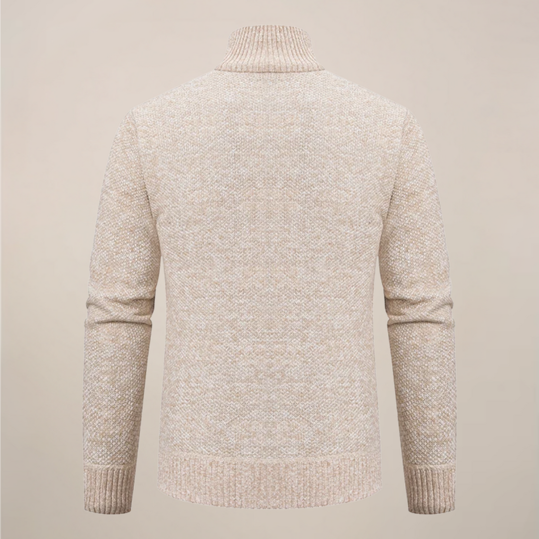 Versatile men's knit zip cardigan, ideal for sophisticated fall & winter layering or as a light jacket.