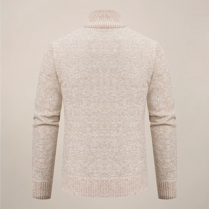 Versatile men's knit zip cardigan, ideal for sophisticated fall & winter layering or as a light jacket.