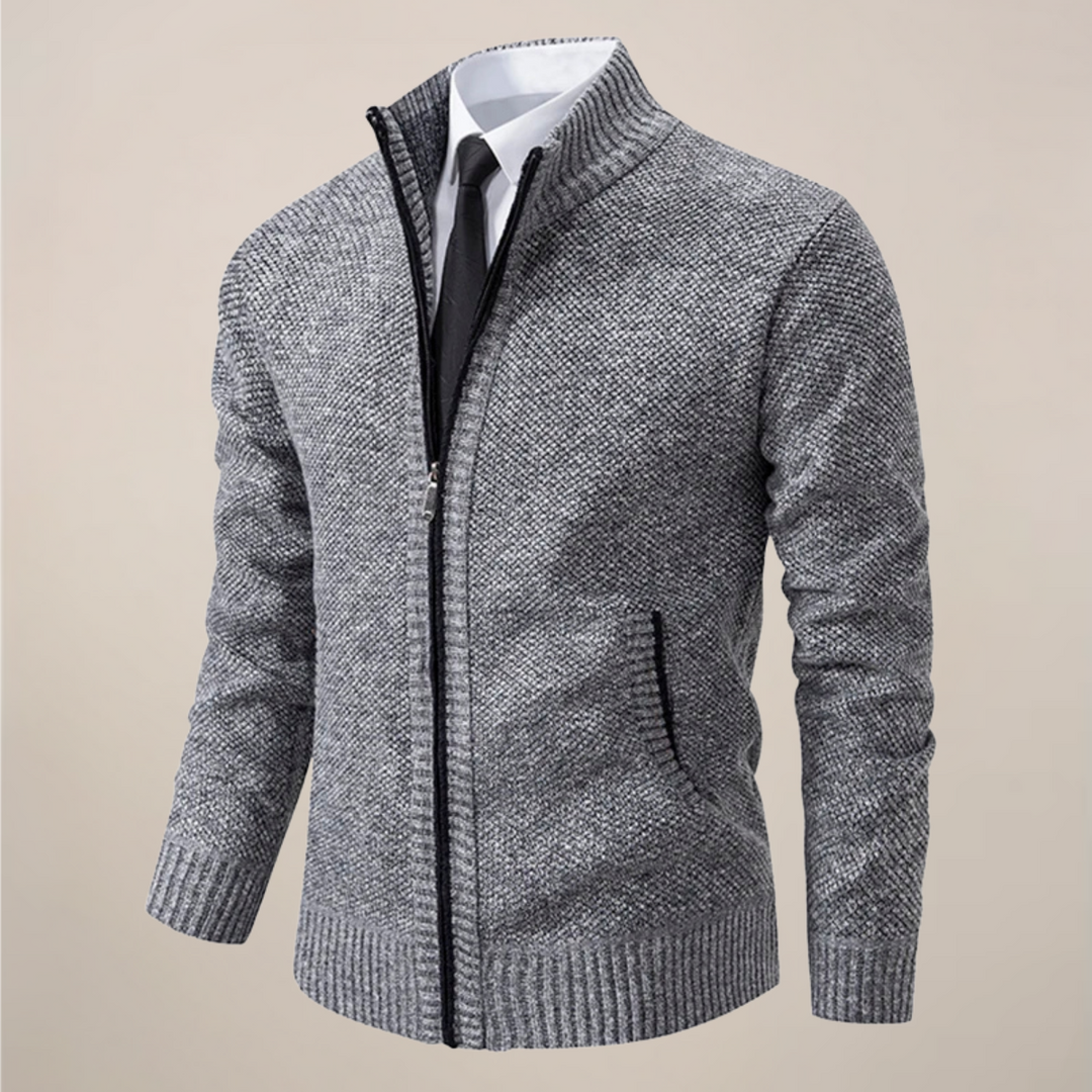 Classic men's knitwear zip-up cardigan, comfortable & stylish for any smart casual or cool weather look.
