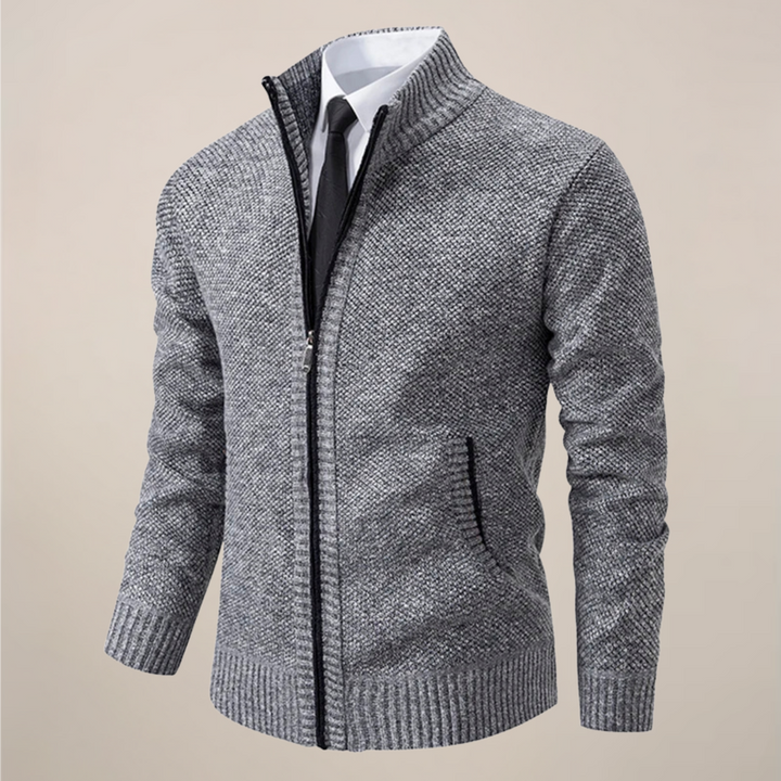 Classic men's knitwear zip-up cardigan, comfortable & stylish for any smart casual or cool weather look.