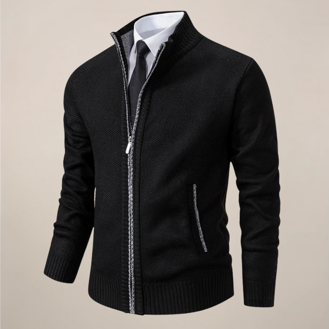 Elegant men's knit zip-up cardigan acting as a stylish outerwear piece for sophisticated fall fashion.