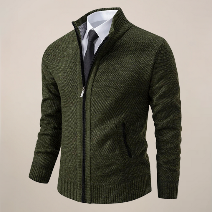 Close-up of a men's fine knit zip-up cardigan texture, highlighting quality and classic design for winter.