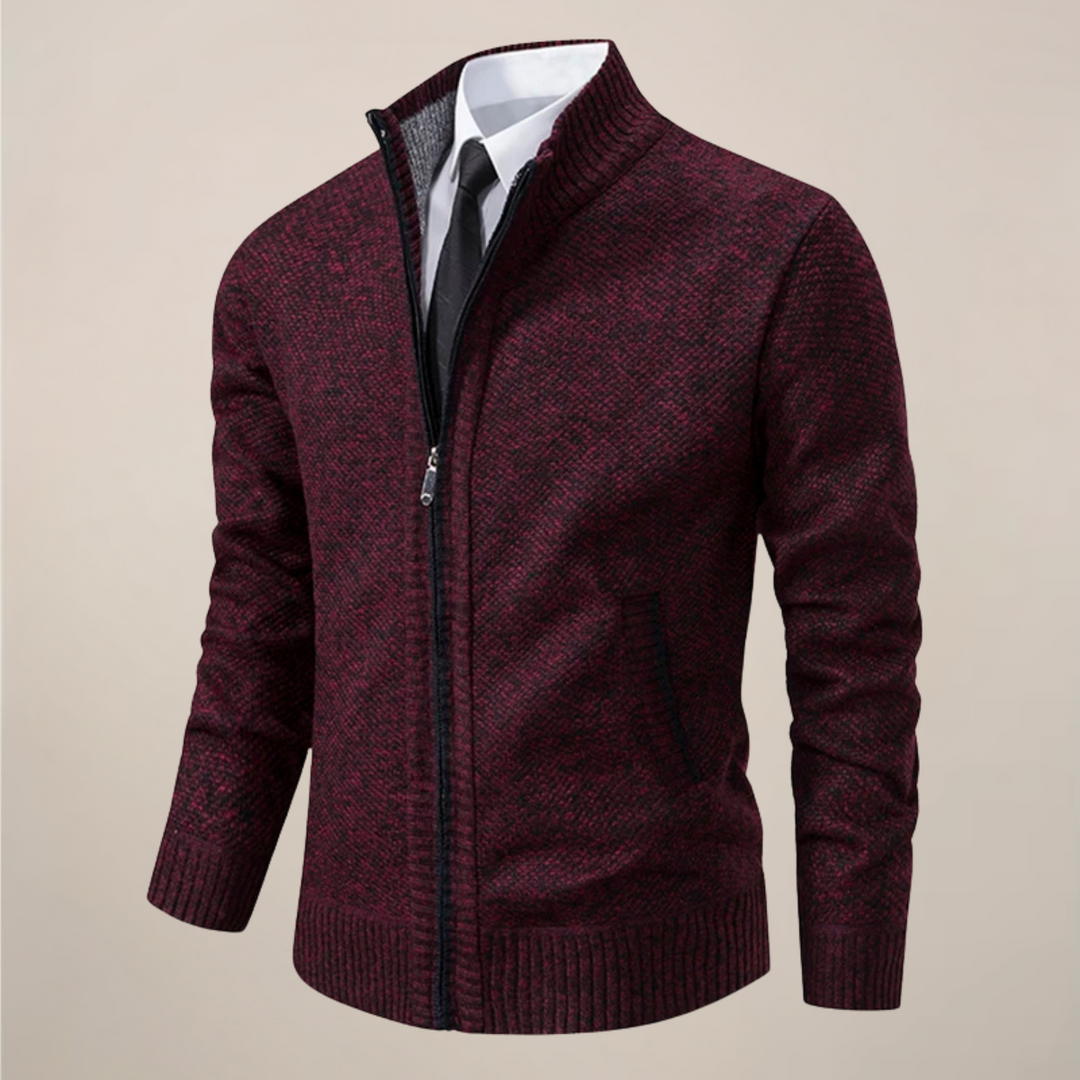 Elevated men's knit zip-up cardigan, perfect for smart casual office wear or sophisticated evening layering.
