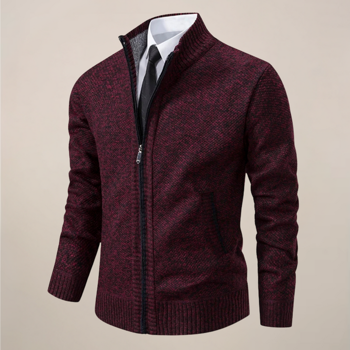 Elevated men's knit zip-up cardigan, perfect for smart casual office wear or sophisticated evening layering.