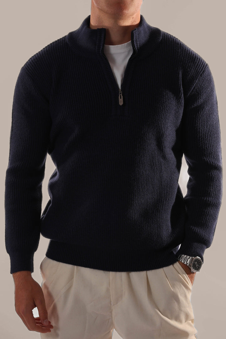 Men's knitted half zip jumper in navy, ideal for smart casual everyday wear in fall and winter.
