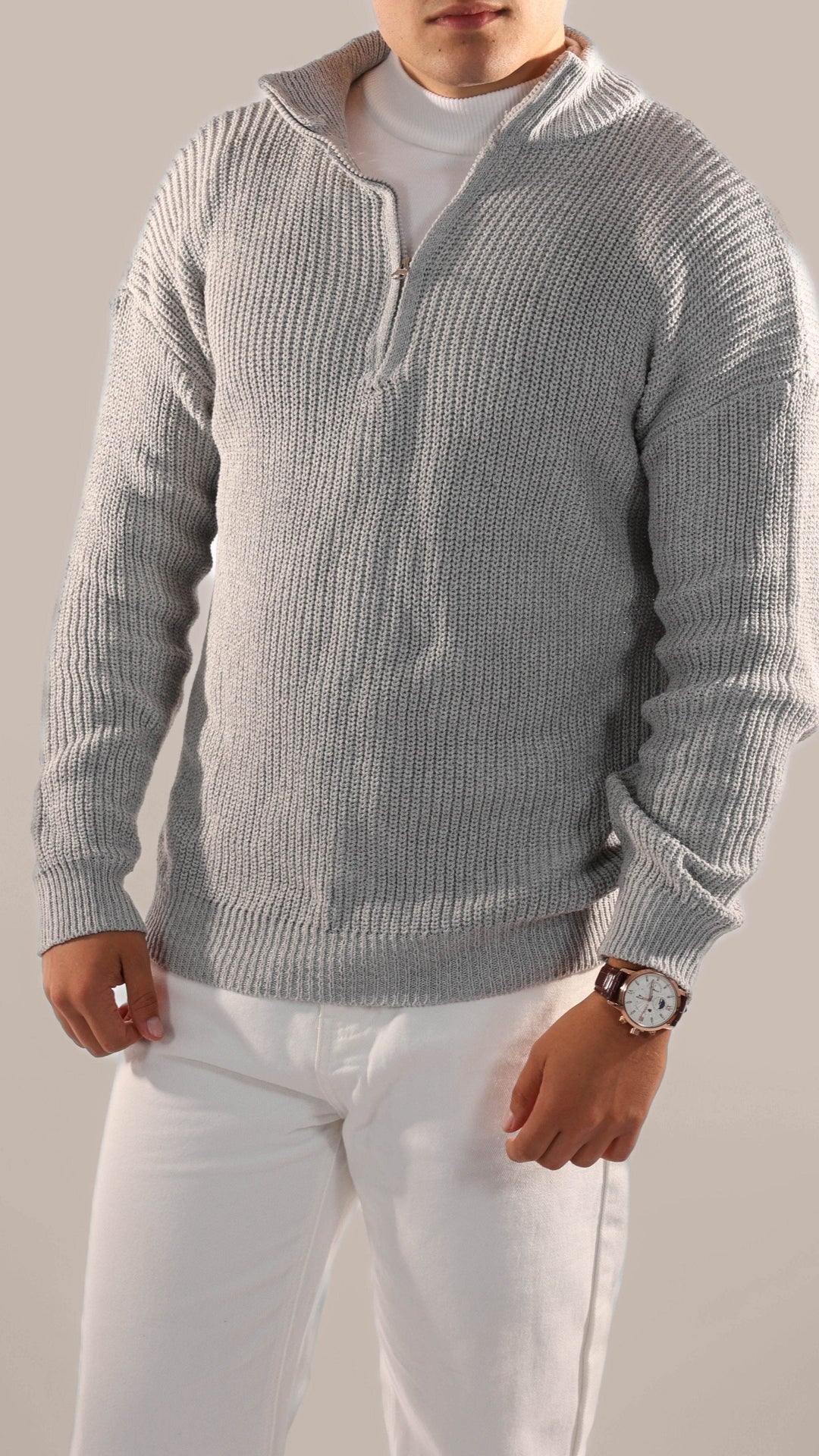 Versatile men's half zip knitted jumper, perfect for smart casual outfits & everyday menswear fashion.