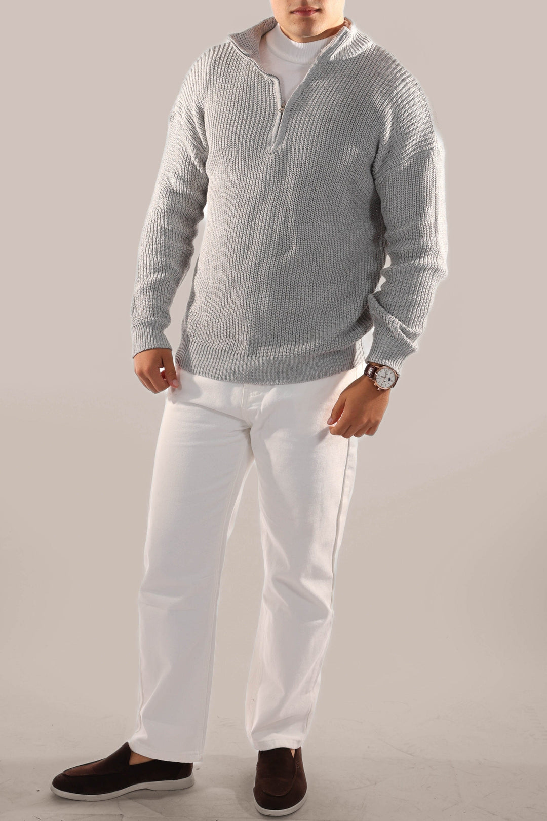 Comfortable men's long sleeve knitted half zip jumper, essential for fall fashion & winter layering.