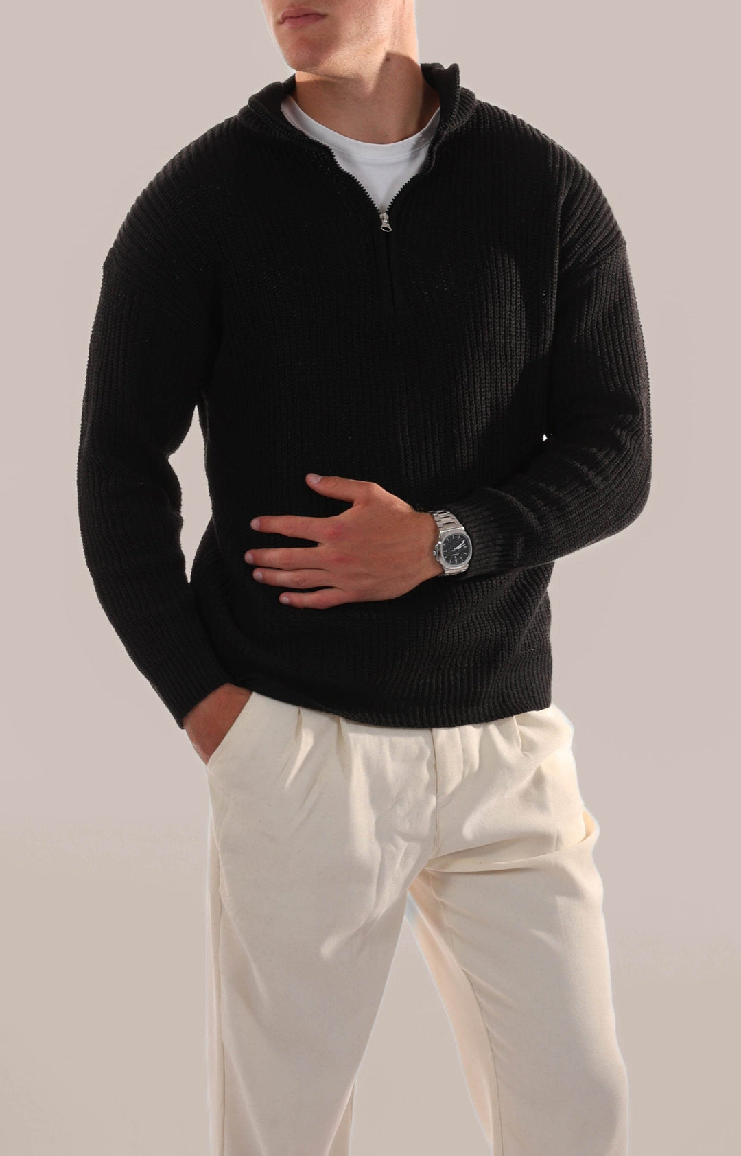 Durable men's half zip knitted sweater, offering warmth and style for everyday winter wear and layering.