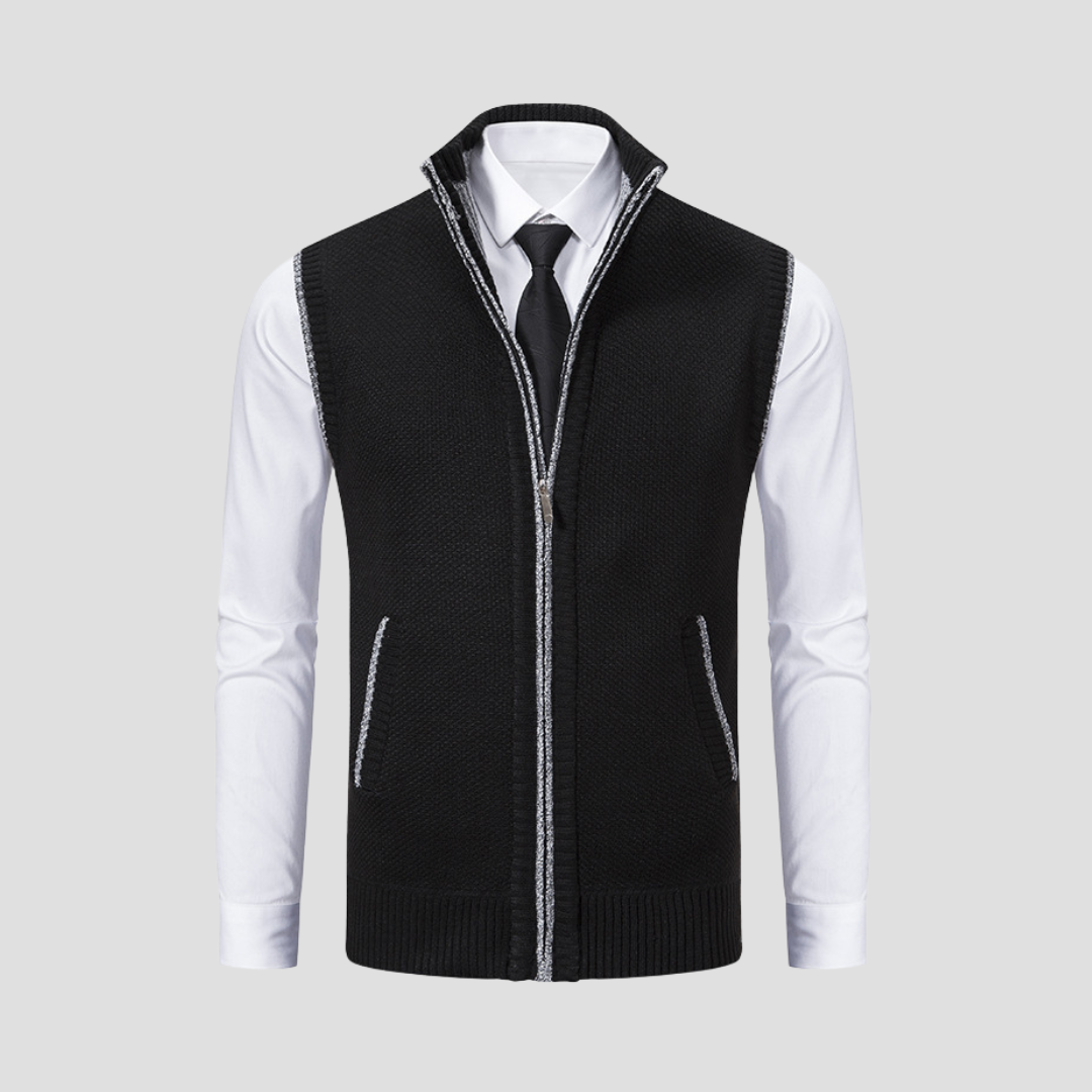 Men's knitted zip gilet, a versatile and stylish layering piece for smart casual menswear.