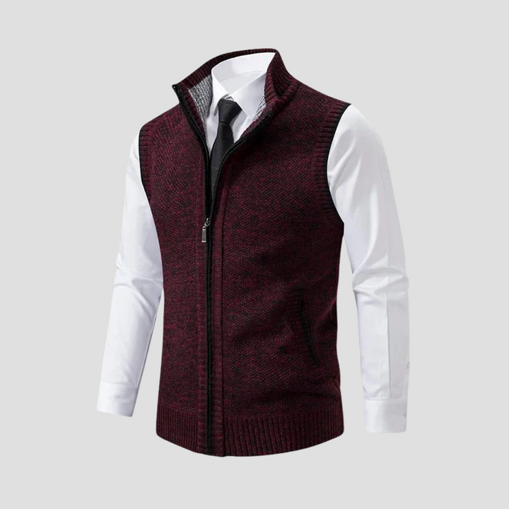 Fashion shot: Men's sleeveless knitted gilet with full zip, ideal for casual and smart layering.